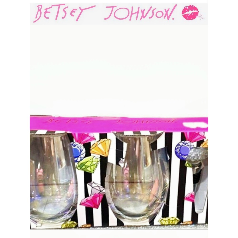 Betsey Johnson Stemless Wine Glass Set w/Diamond Top Wine Stopper